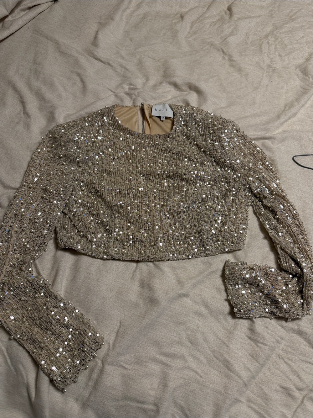 Sequin-Embellished Beige Gold Long-Sleeve Crop Top